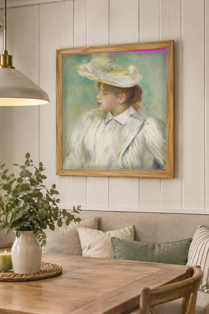 Framed print of Young Woman with a Straw Hat, White Dress hanging on a wall in a furnished room