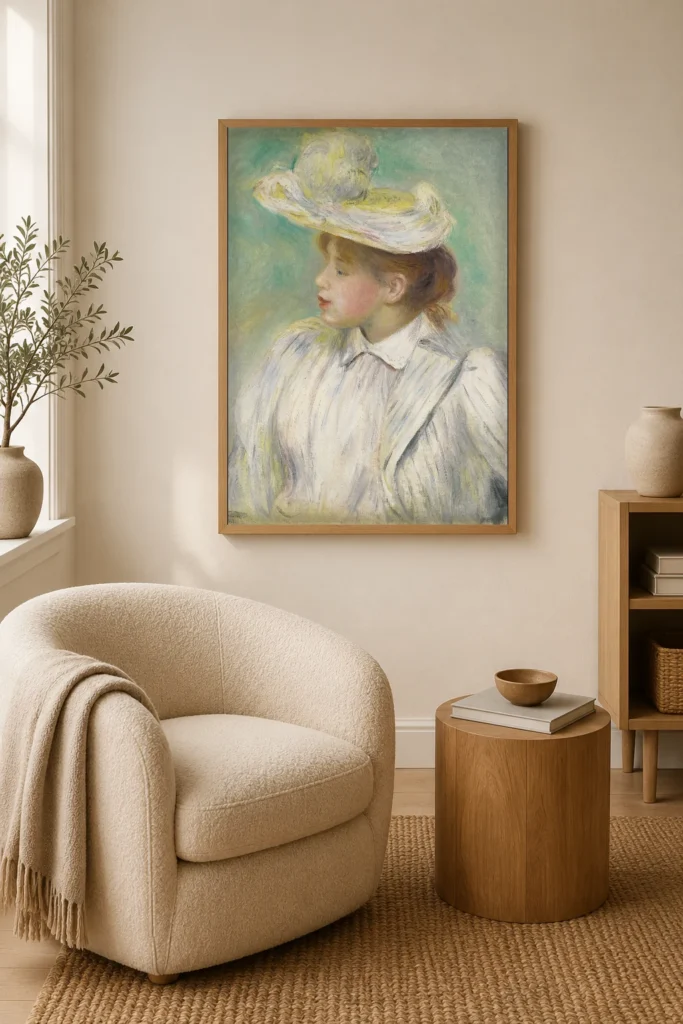 Framed print of Young Woman with a Straw Hat, White Dress hanging on a wall in a furnished room