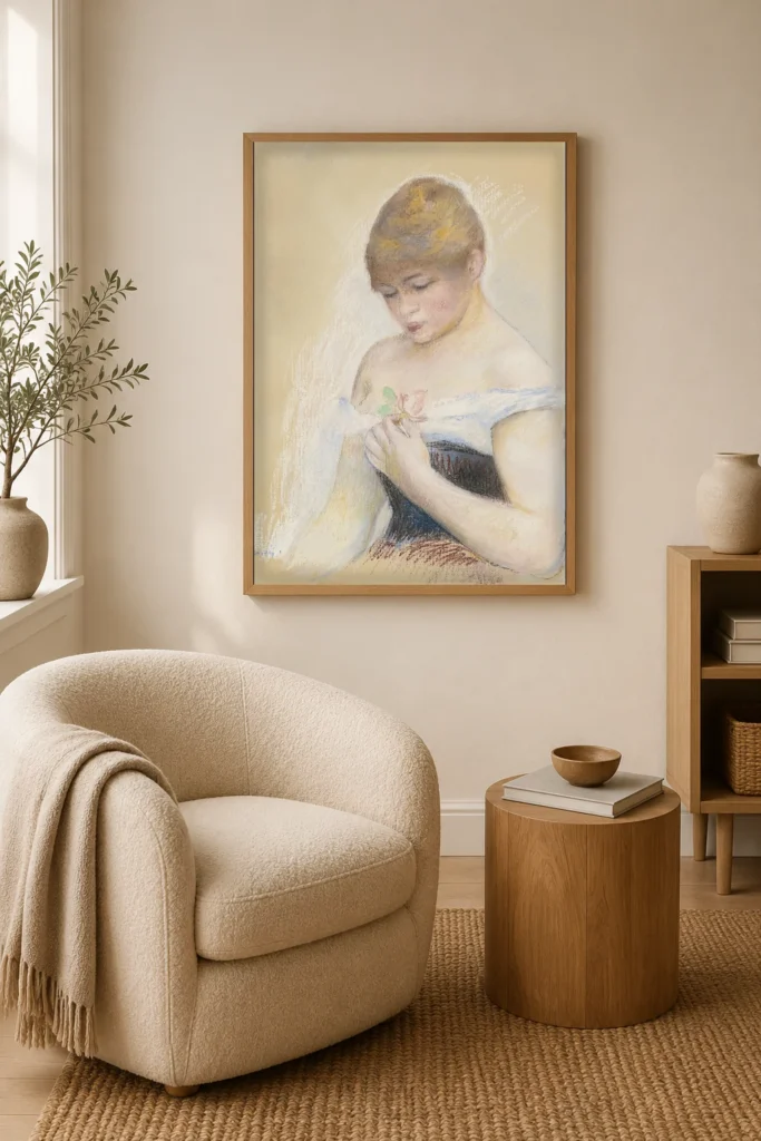 Framed print of Young Woman Holding a Flower (Portrait of Jeanne Samary) hanging on a wall in a furnished room