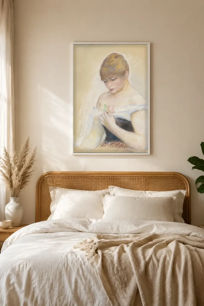 Framed print of Young Woman Holding a Flower (Portrait of Jeanne Samary) hanging on a wall in a furnished room