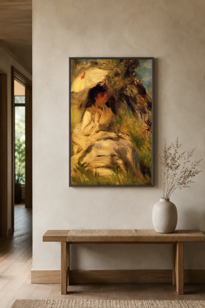 Framed print of Young Woman with a Parasol hanging on a wall in a furnished room