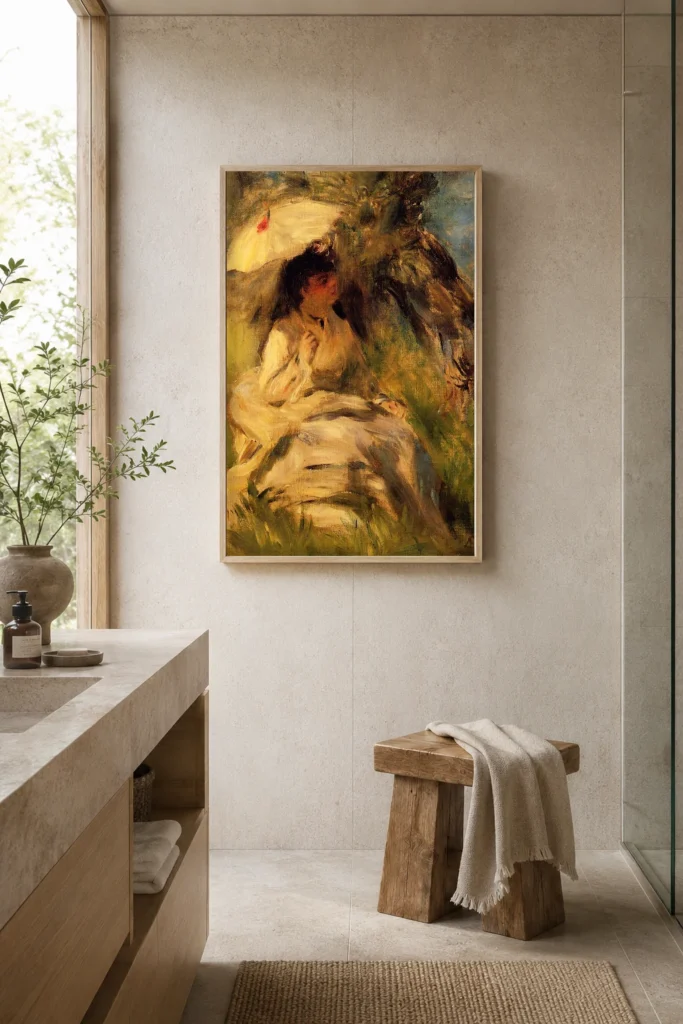 Framed print of Young Woman with a Parasol hanging on a wall in a furnished room
