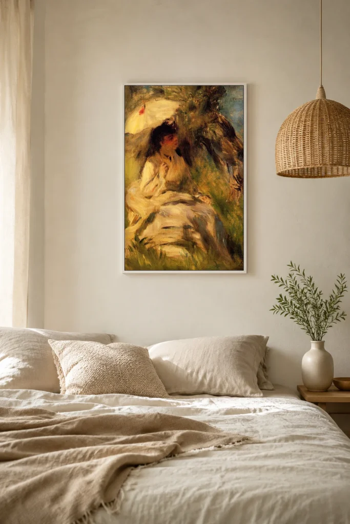 Framed print of Young Woman with a Parasol hanging on a wall in a furnished room
