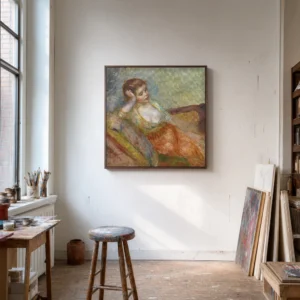 Framed print of Young Girl Seated on a Sofa hanging on a wall in a furnished room