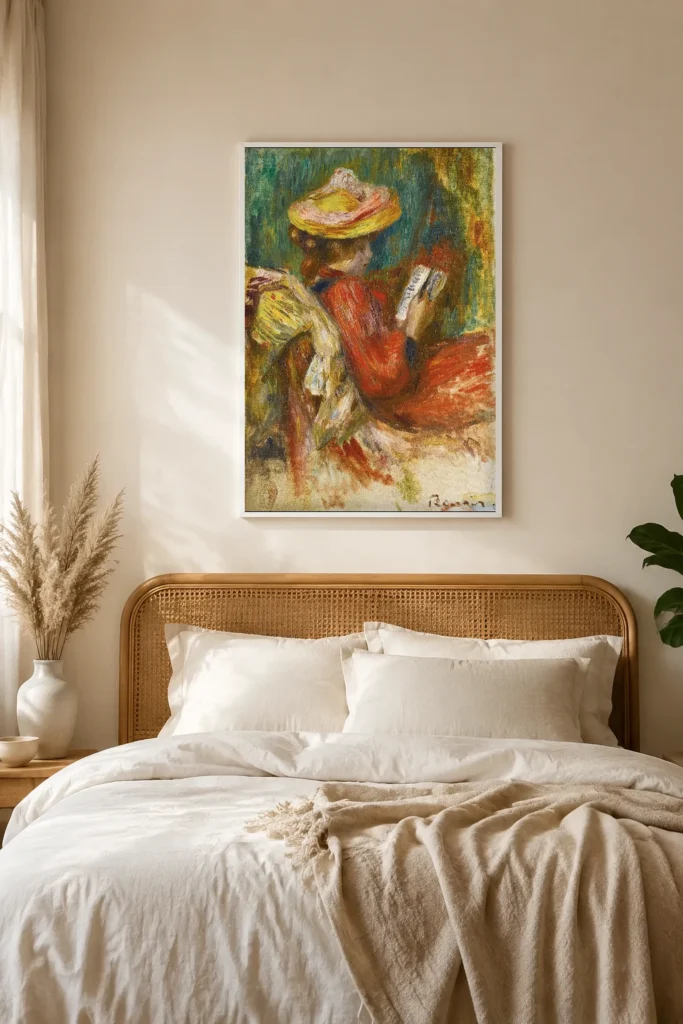 Framed print of Young Girl Reading, Sketch hanging on a wall in a furnished room