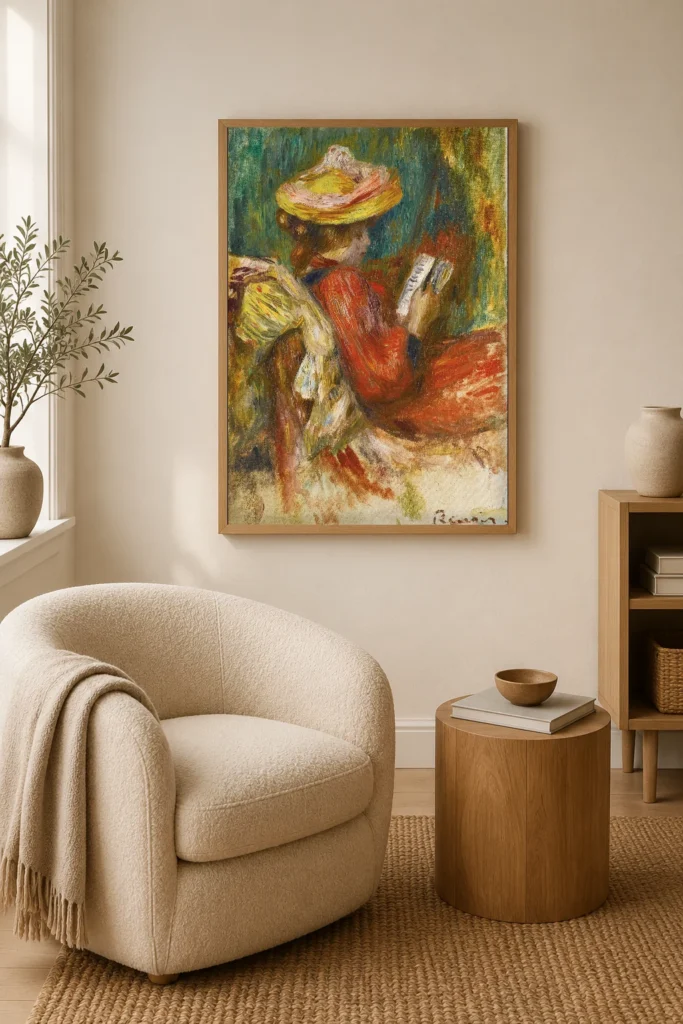 Framed print of Young Girl Reading, Sketch hanging on a wall in a furnished room
