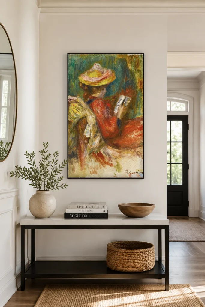 Framed print of Young Girl Reading, Sketch hanging on a wall in a furnished room