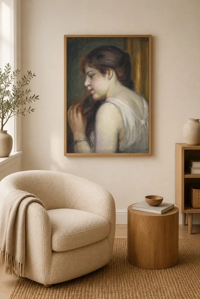 Framed print of Young Girl Combing Her Hair hanging on a wall in a furnished room