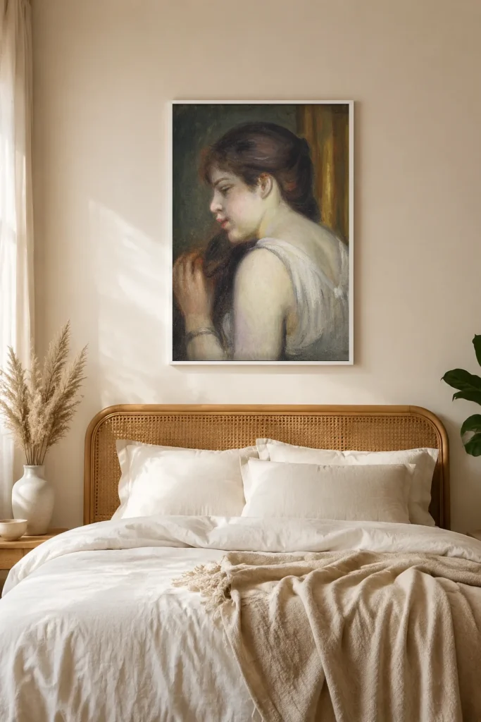 Framed print of Young Girl Combing Her Hair hanging on a wall in a furnished room
