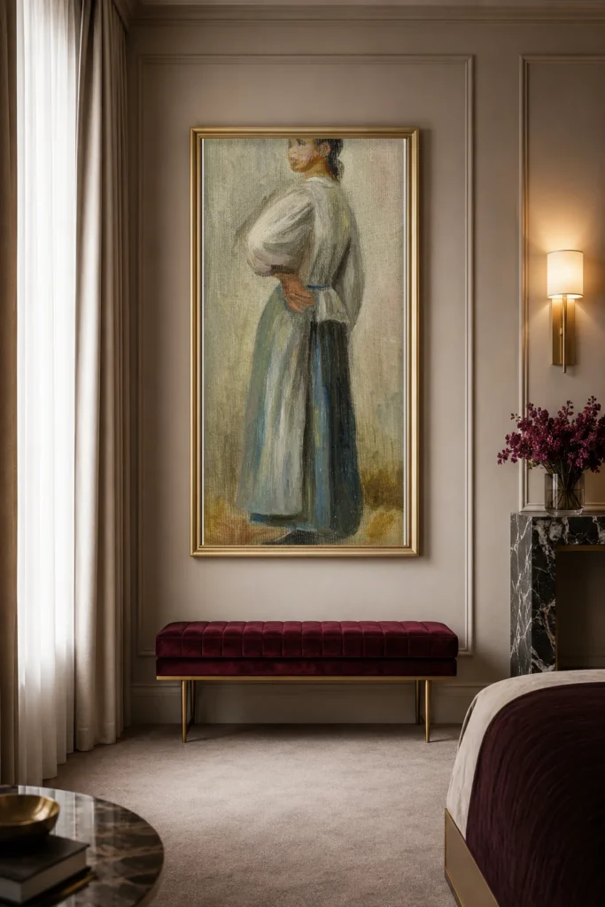 Framed print of Young Peasant Woman hanging on a wall in a furnished room