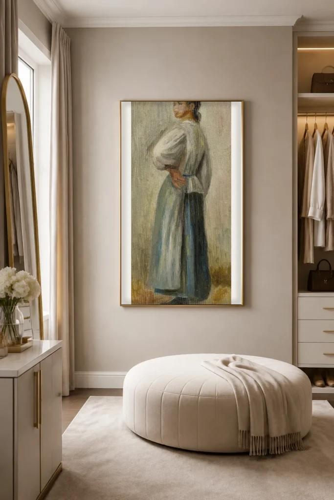 Framed print of Young Peasant Woman hanging on a wall in a furnished room
