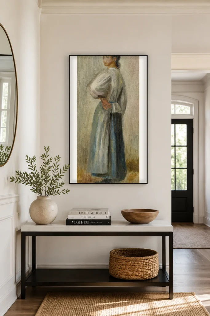 Framed print of Young Peasant Woman hanging on a wall in a furnished room