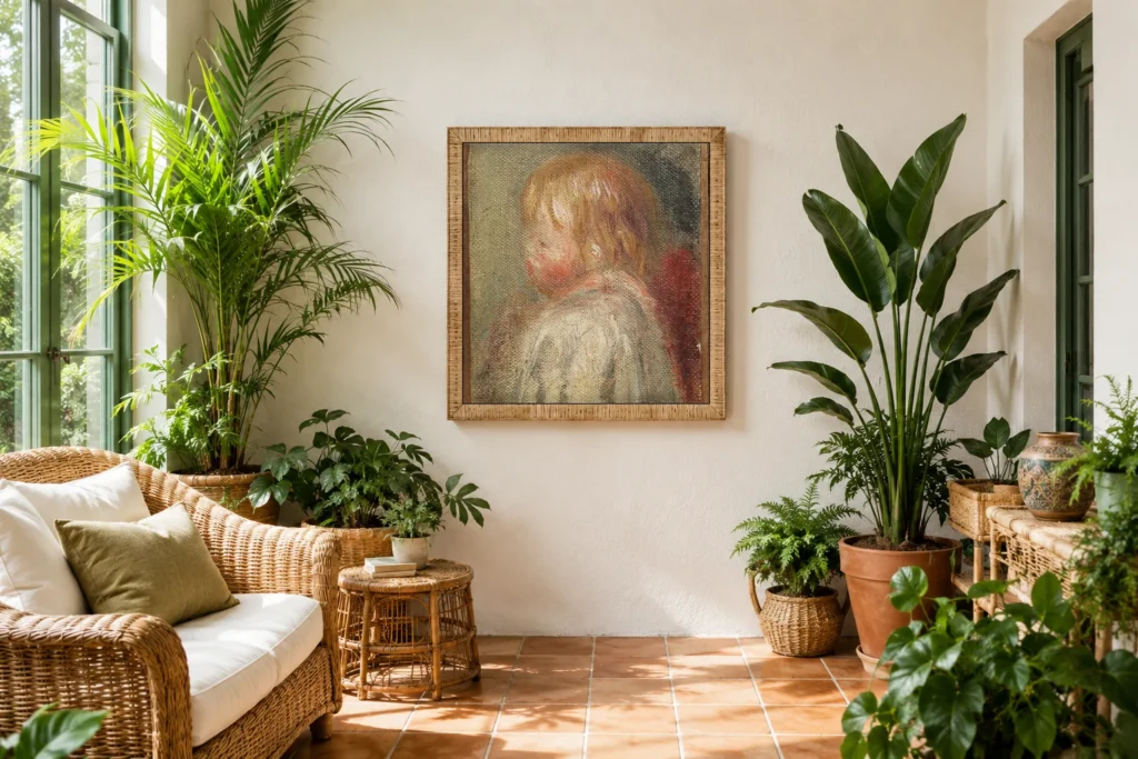 Framed print of Jean hanging on a wall in a furnished room