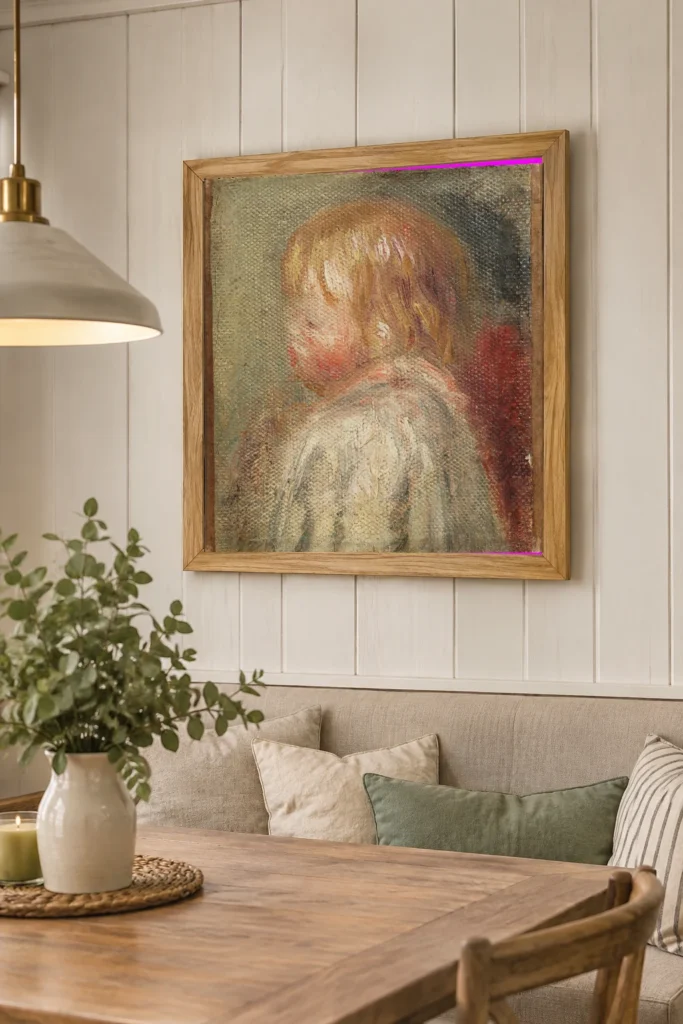 Framed print of Jean hanging on a wall in a furnished room
