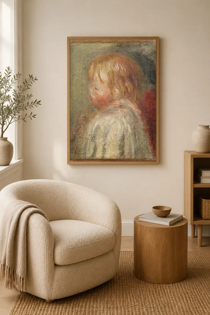 Framed print of Jean hanging on a wall in a furnished room