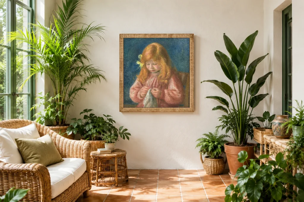 Framed print of Jean Renoir Sewing hanging on a wall in a furnished room