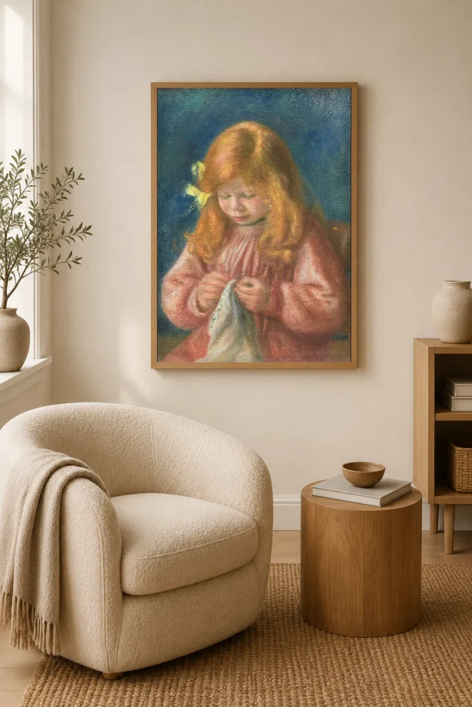 Framed print of Jean Renoir Sewing hanging on a wall in a furnished room