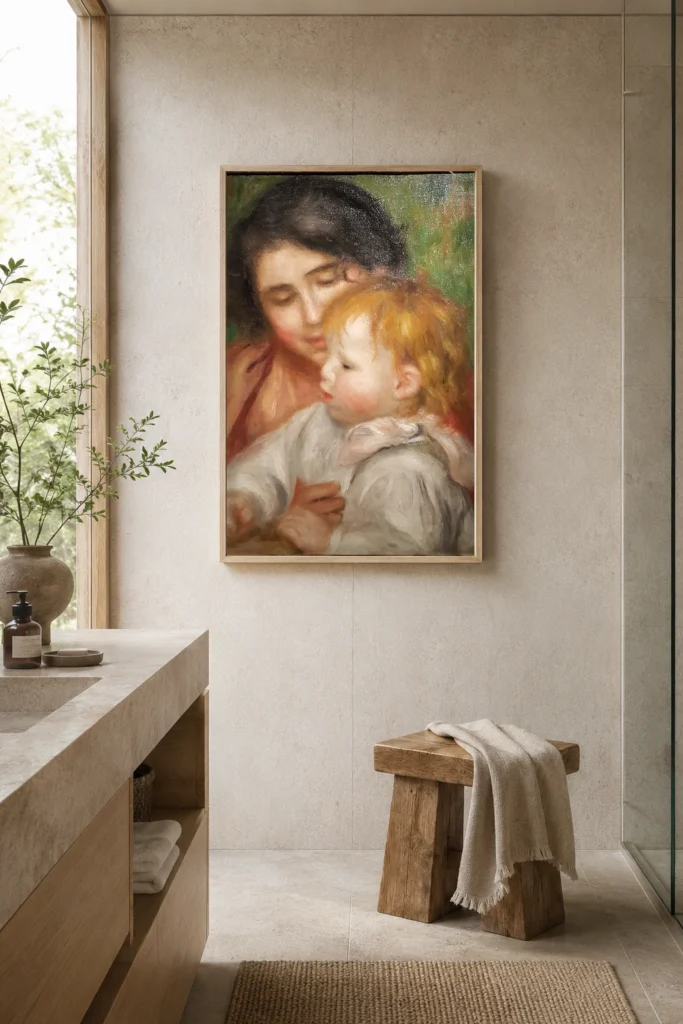 Framed print of Jean Renoir and Gabrielle hanging on a wall in a furnished room