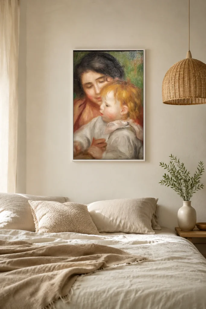 Framed print of Jean Renoir and Gabrielle hanging on a wall in a furnished room