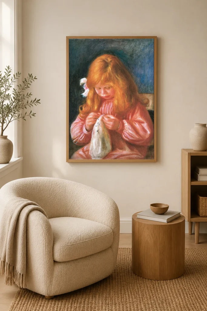 Framed print of Jean Renoir sewing hanging on a wall in a furnished room