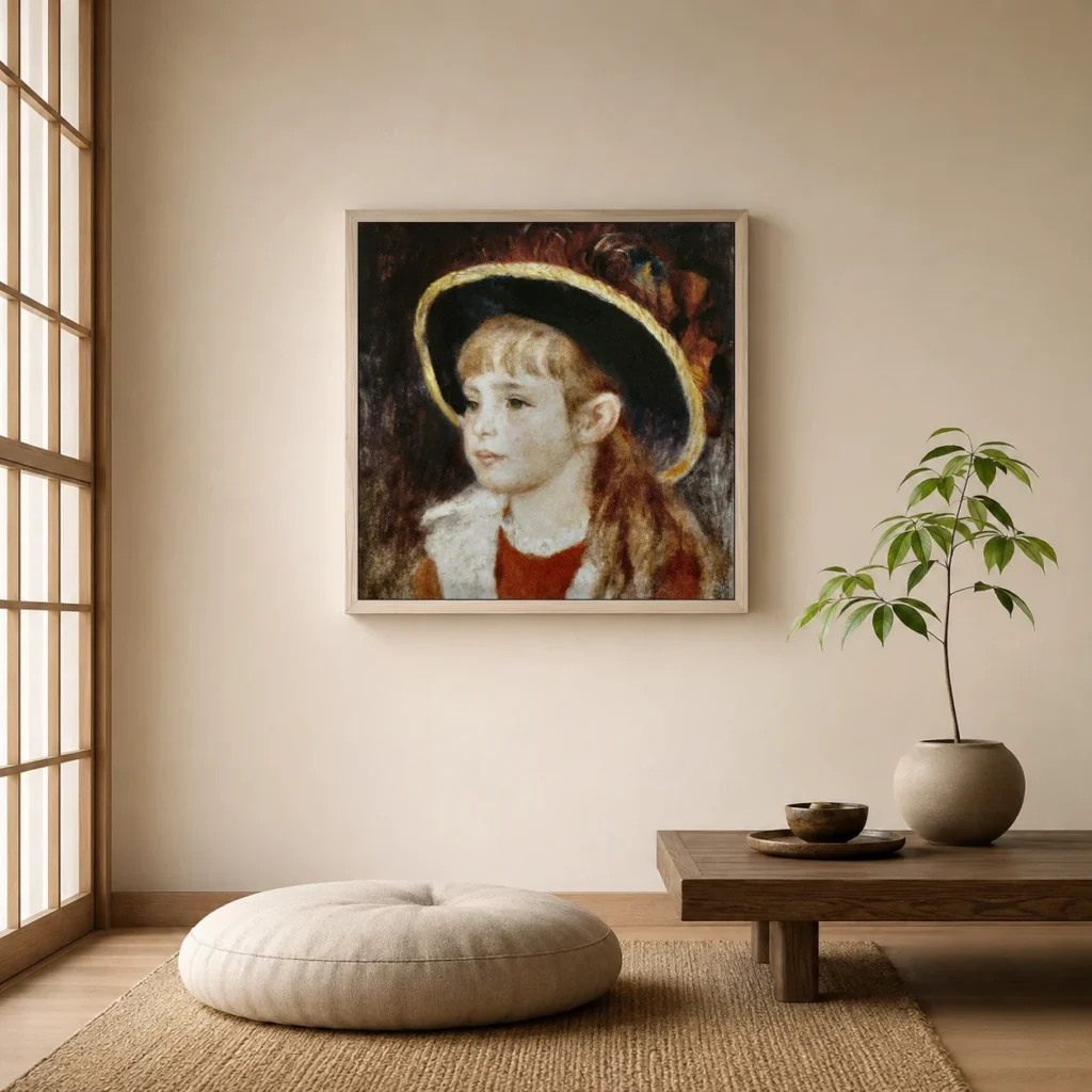 Framed print of Jeanne Henriot (Little Girl with a Blue Hat) hanging on a wall in a furnished room