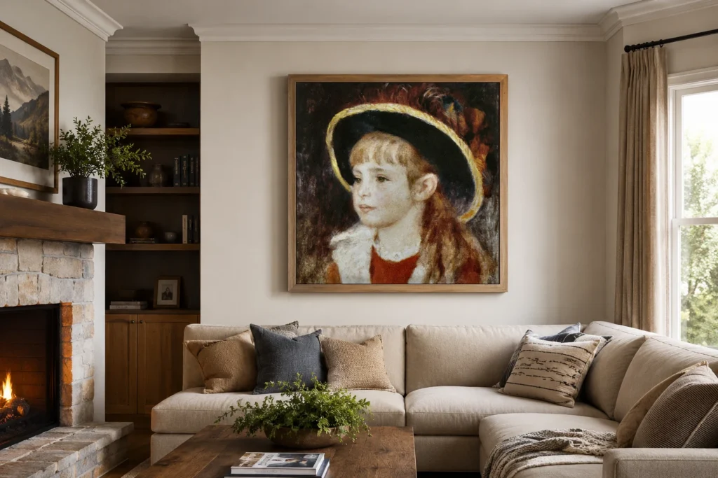 Framed print of Jeanne Henriot (Little Girl with a Blue Hat) hanging on a wall in a furnished room