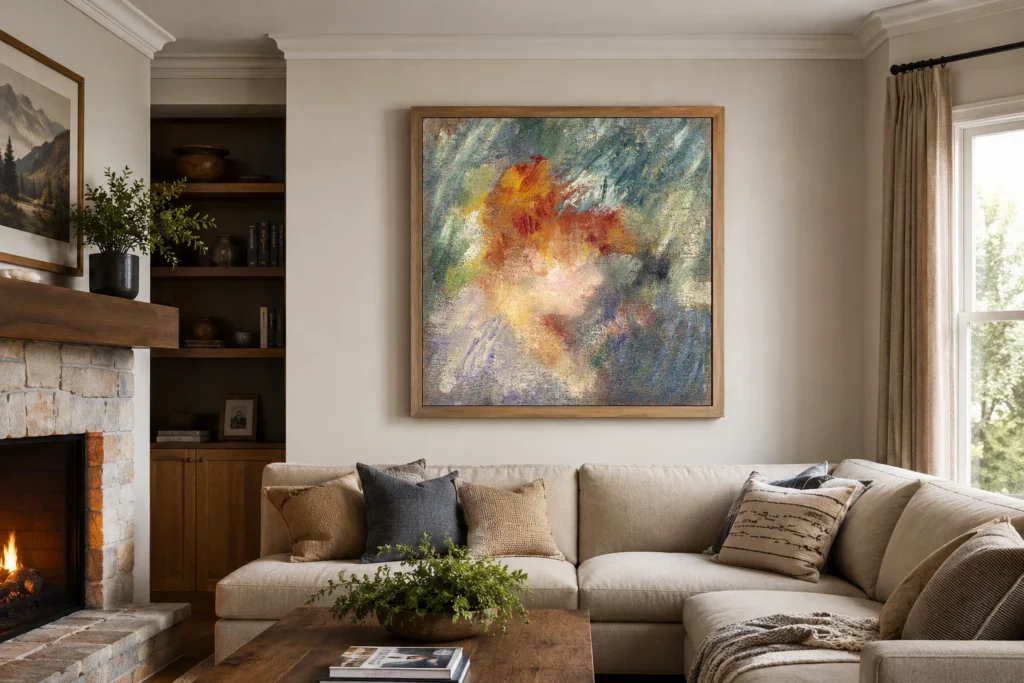 Framed print of Jeanne Samary hanging on a wall in a furnished room