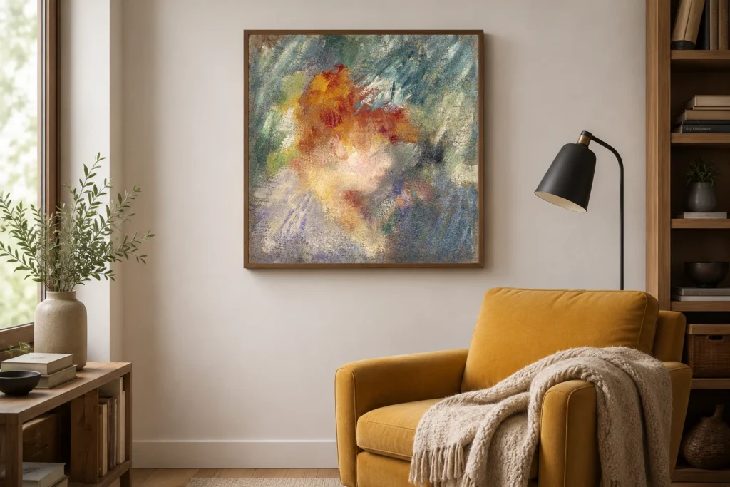 Framed print of Jeanne Samary hanging on a wall in a furnished room