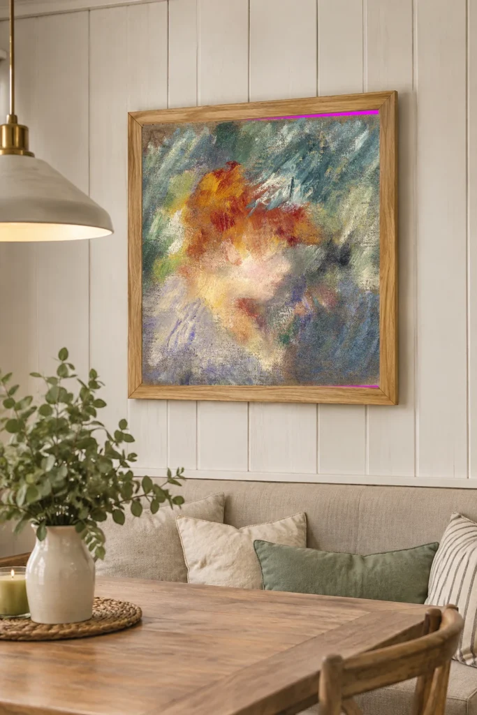 Framed print of Jeanne Samary hanging on a wall in a furnished room