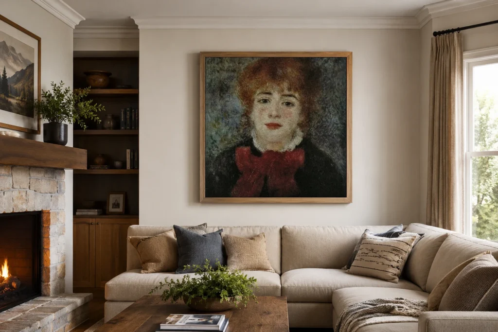 Framed print of Jeanne Samary hanging on a wall in a furnished room