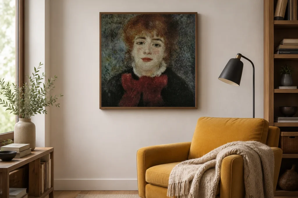 Framed print of Jeanne Samary hanging on a wall in a furnished room