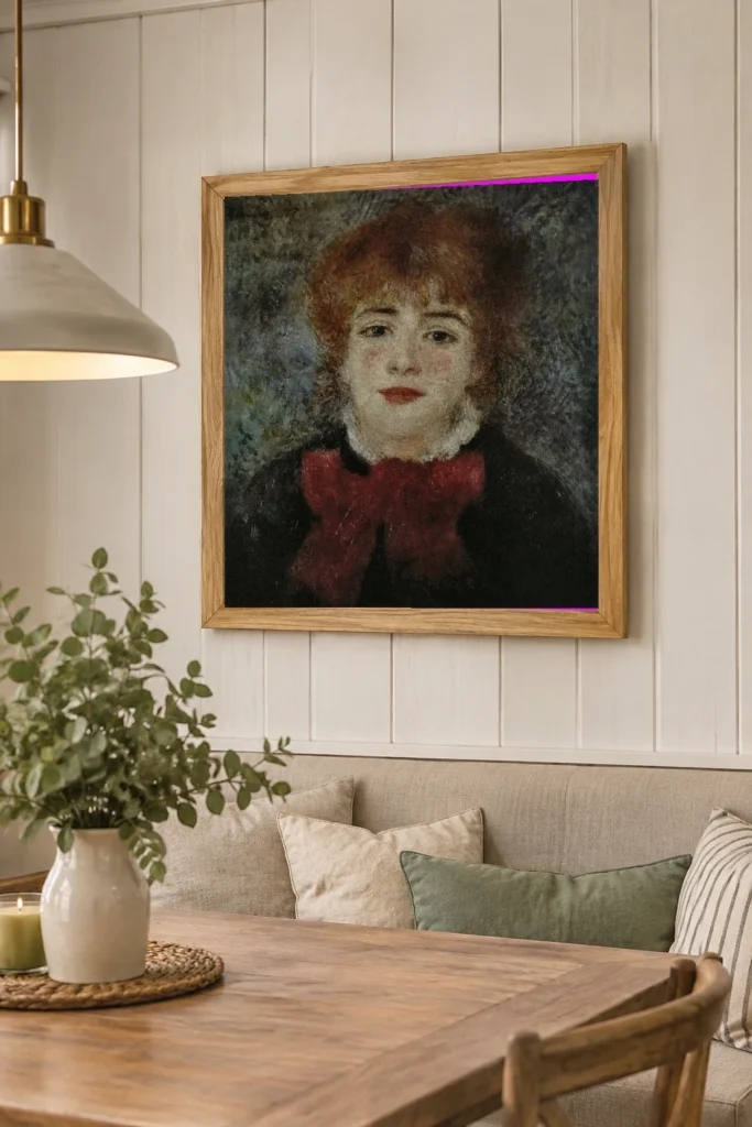 Framed print of Jeanne Samary hanging on a wall in a furnished room