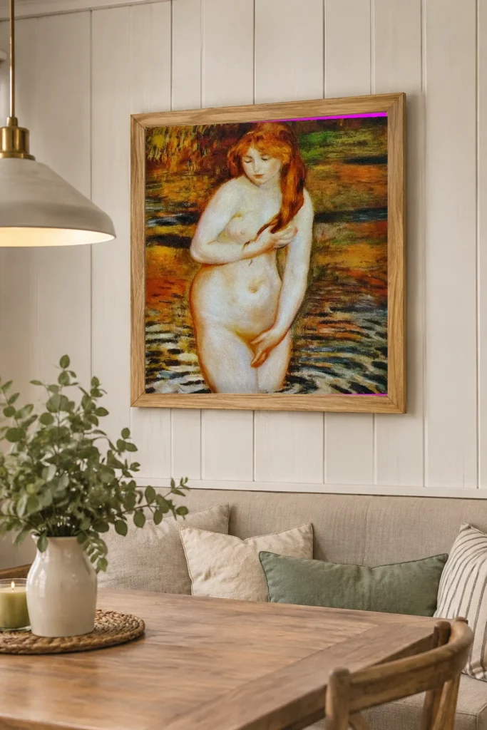 Framed print of Young Woman Bathing, Orange River hanging on a wall in a furnished room