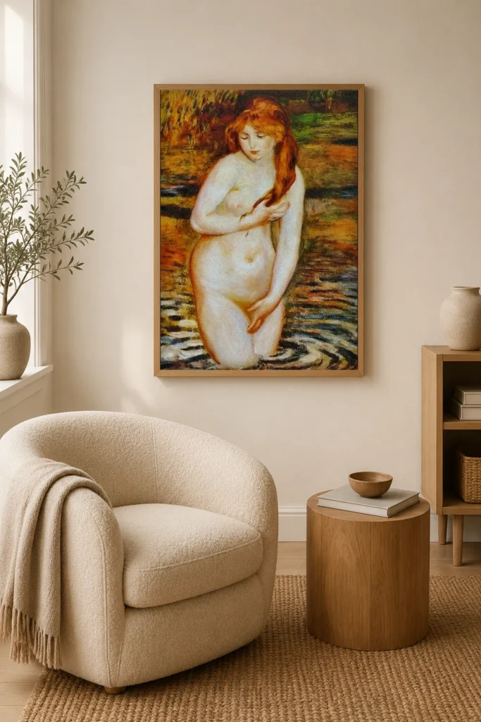 Framed print of Young Woman Bathing, Orange River hanging on a wall in a furnished room