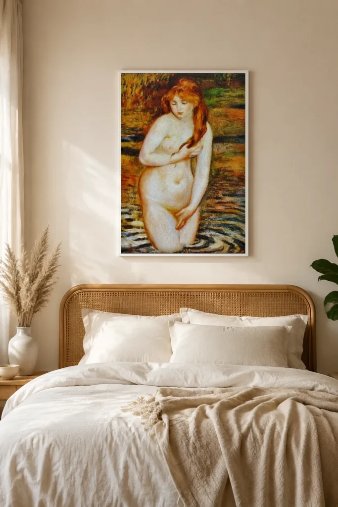 Framed print of Young Woman Bathing, Orange River hanging on a wall in a furnished room