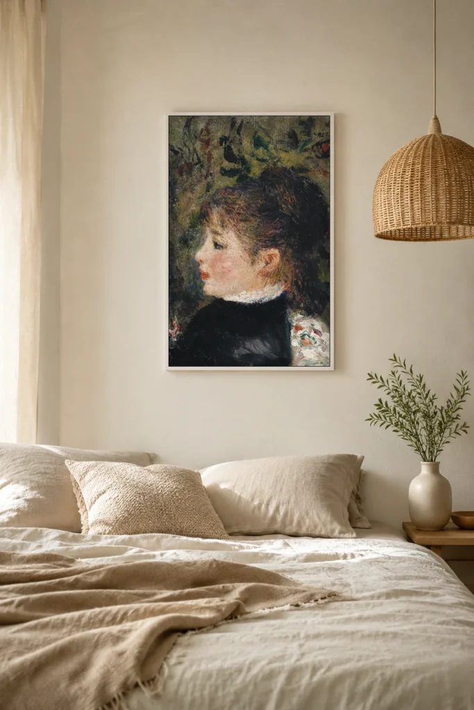 Framed print of Young Woman (Portrait of Margot) hanging on a wall in a furnished room