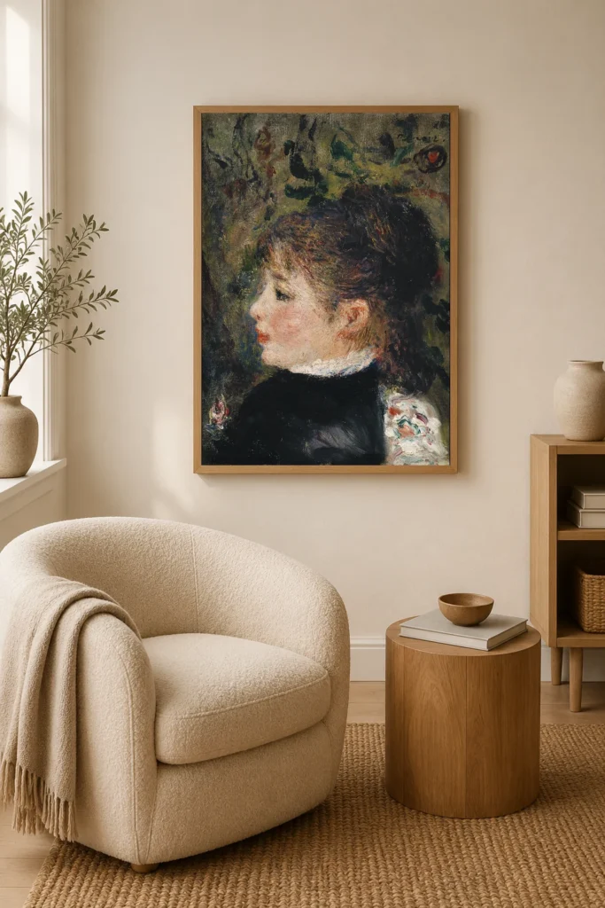 Framed print of Young Woman (Portrait of Margot) hanging on a wall in a furnished room