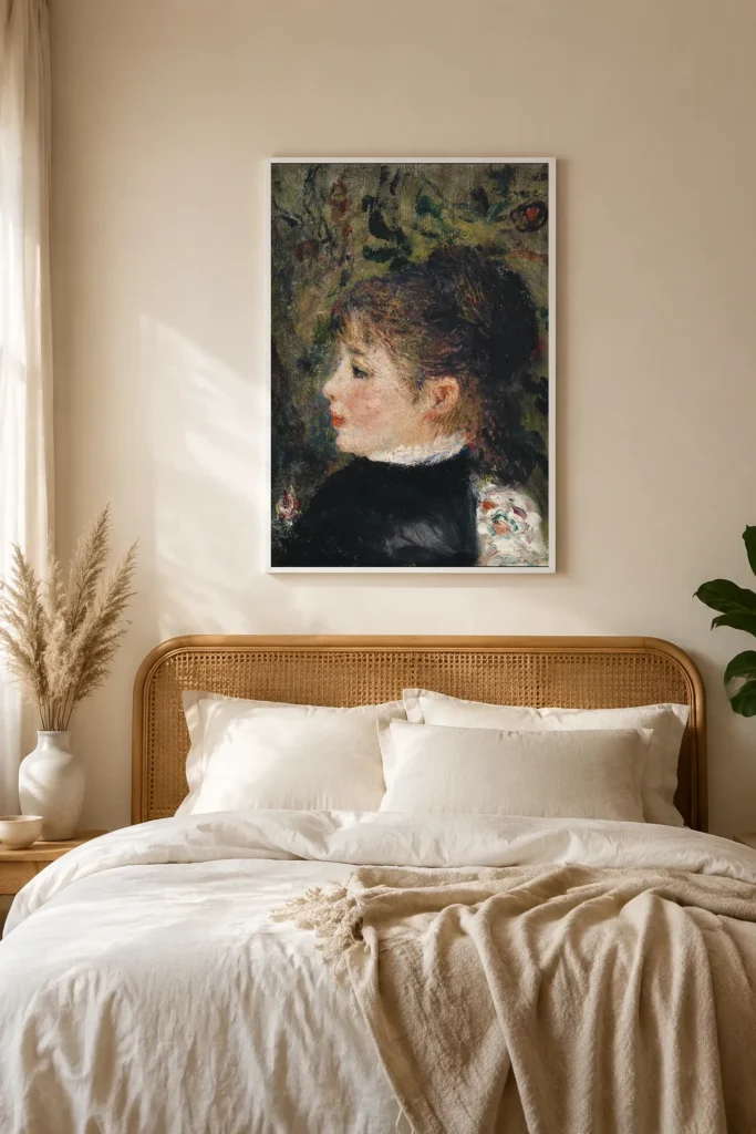 Framed print of Young Woman (Portrait of Margot) hanging on a wall in a furnished room