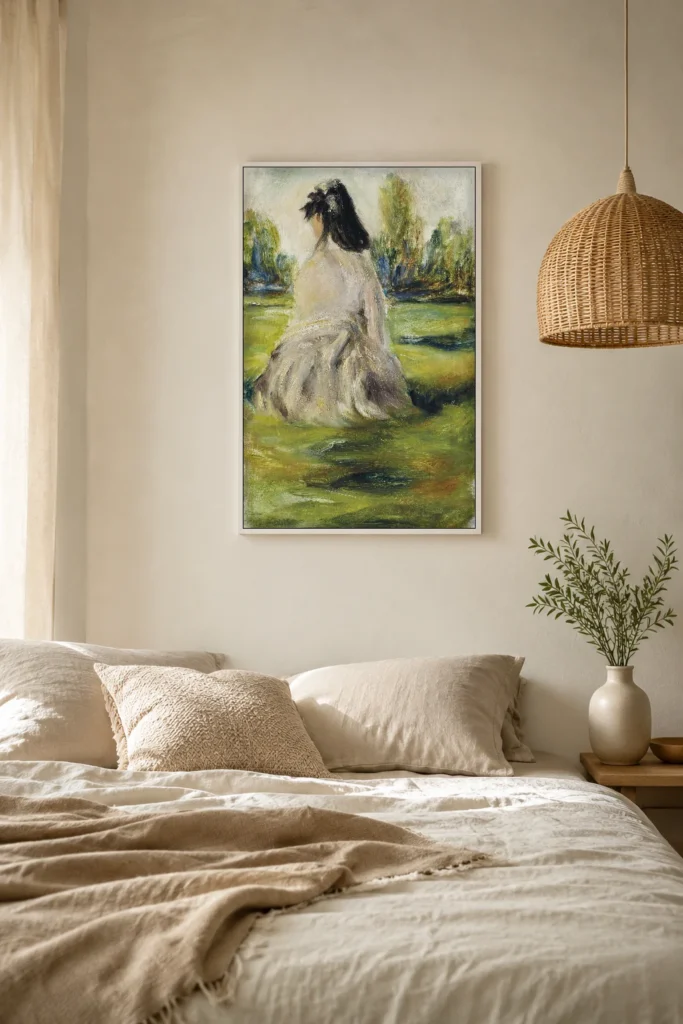 Framed print of Jeune femme assise dans la campagne (Lise Tréhot) hanging on a wall in a furnished room