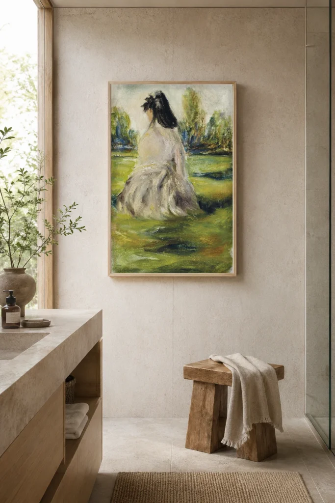 Framed print of Jeune femme assise dans la campagne (Lise Tréhot) hanging on a wall in a furnished room