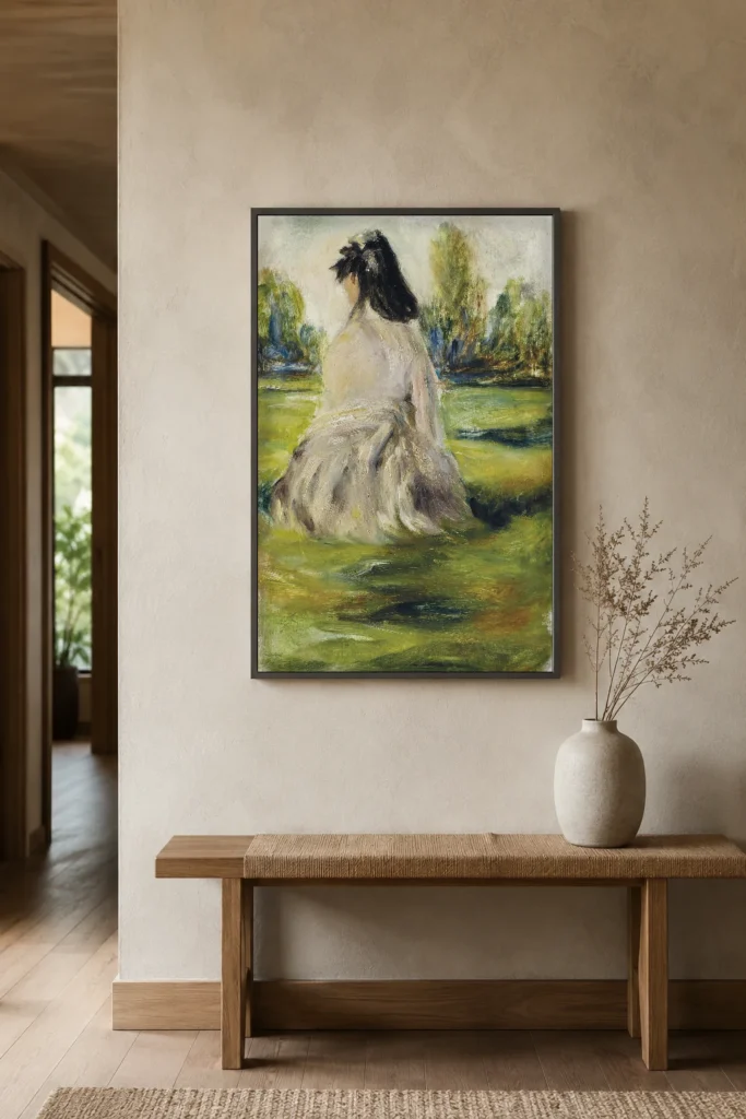 Framed print of Jeune femme assise dans la campagne (Lise Tréhot) hanging on a wall in a furnished room