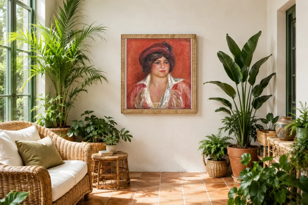 Framed print of Young Woman with a Hat hanging on a wall in a furnished room