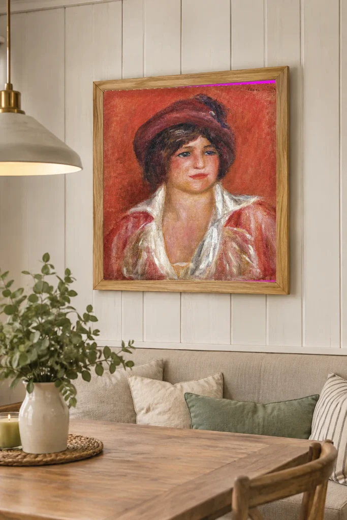 Framed print of Young Woman with a Hat hanging on a wall in a furnished room