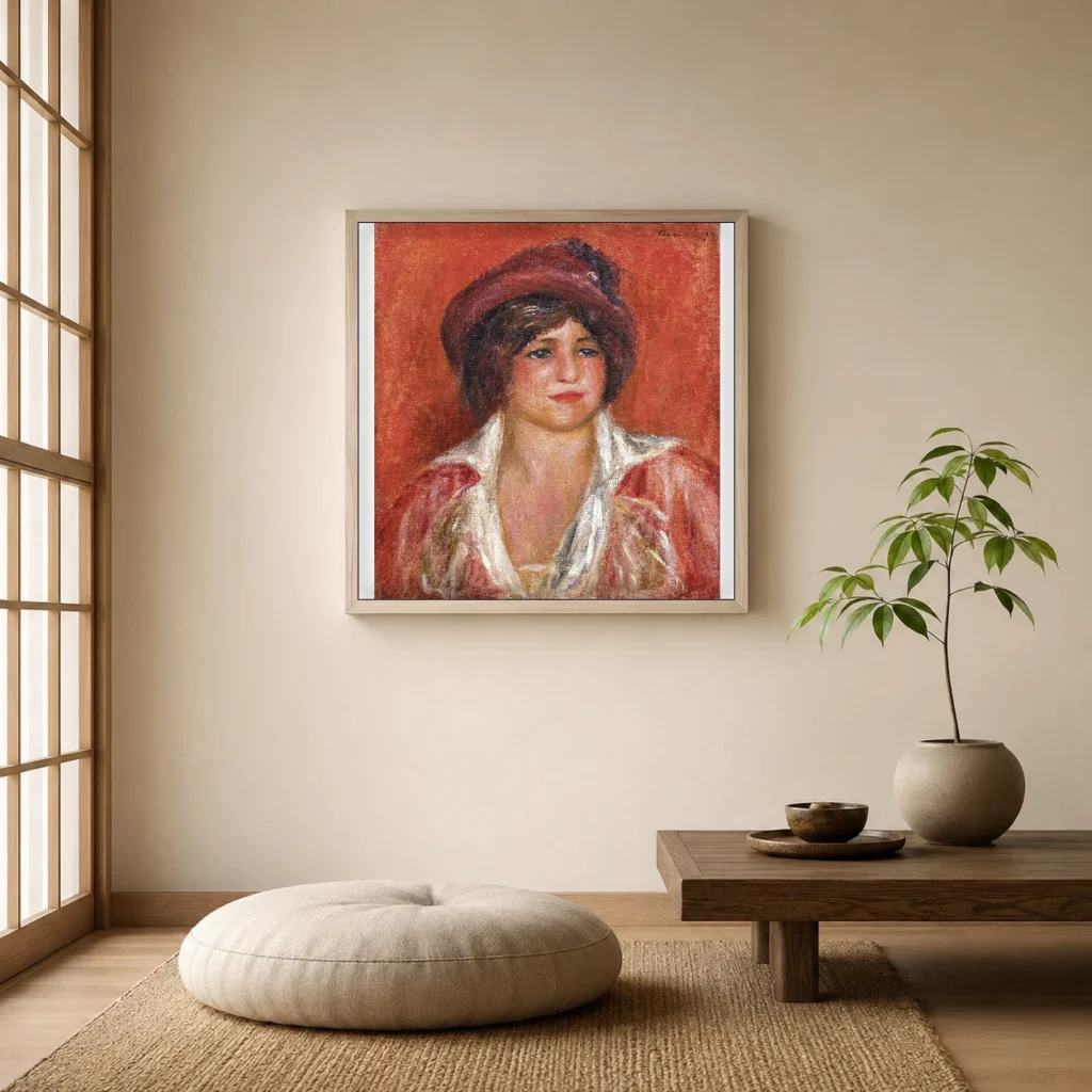 Framed print of Young Woman with a Hat hanging on a wall in a furnished room