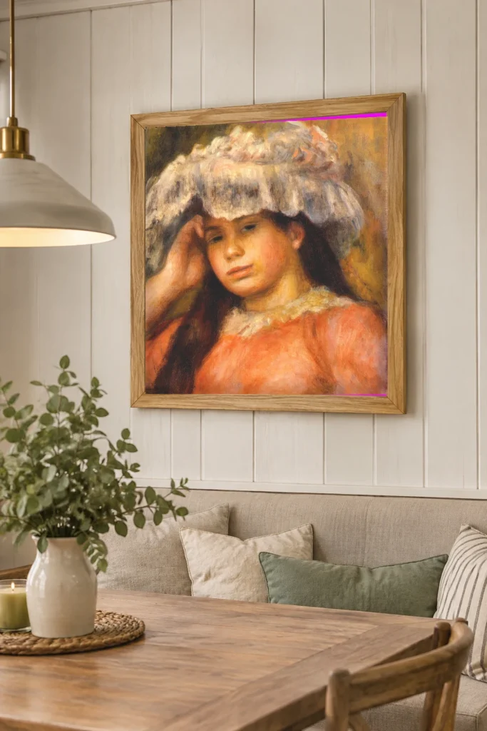Framed print of Young Woman in a White Hat, Red Dress, White Collar hanging on a wall in a furnished room