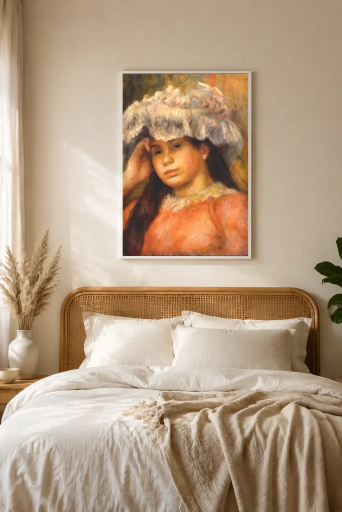 Framed print of Young Woman in a White Hat, Red Dress, White Collar hanging on a wall in a furnished room