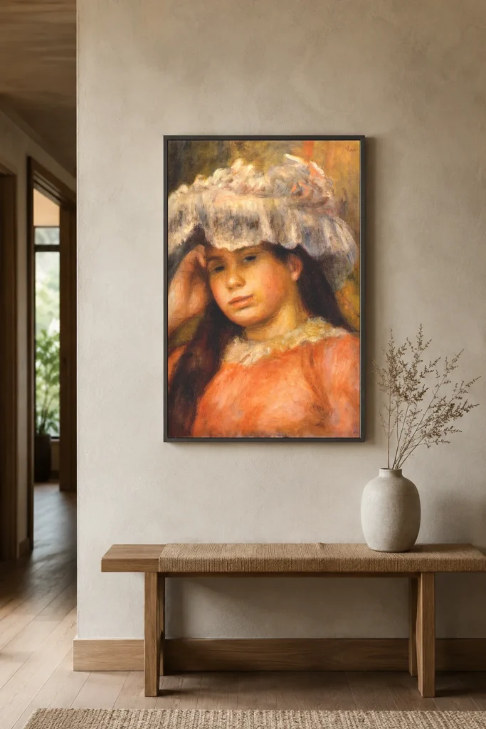 Framed print of Young Woman in a White Hat, Red Dress, White Collar hanging on a wall in a furnished room