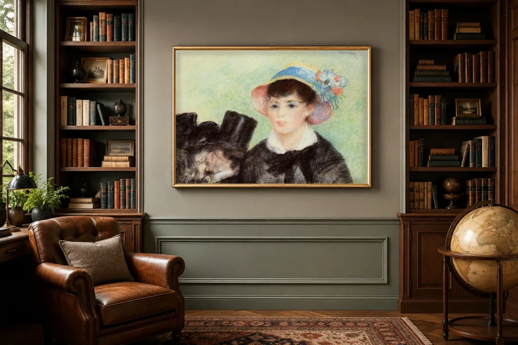 Framed print of Young Woman in a Straw Hat and Top Hat hanging on a wall in a furnished room