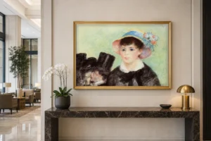 Framed print of Young Woman in a Straw Hat and Top Hat hanging on a wall in a furnished room