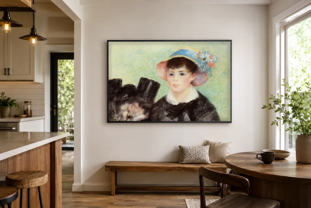 Framed print of Young Woman in a Straw Hat and Top Hat hanging on a wall in a furnished room